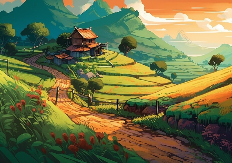 泥路两边绿色稻田手绘场景,插画/手绘图,插画/手绘图库,插画/手绘图下载,插画/手绘